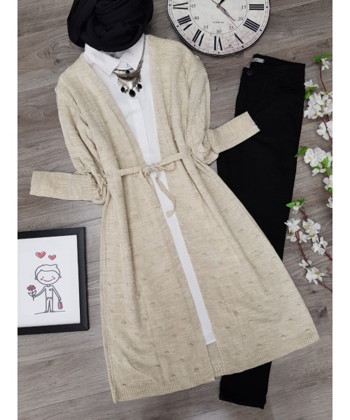 Ponponlu Kemerli Hırka -Krem