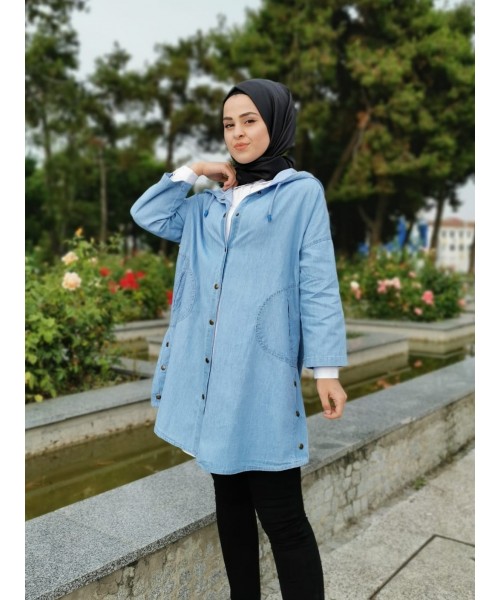 Çıtçıt Düğmeli Salaş Kot Ceket -Mavi