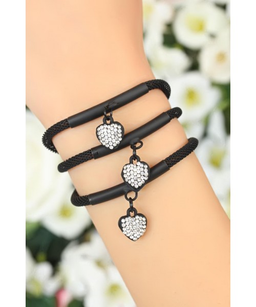 Siyah Renk Zirkon Taşlı Kalp Aksesuarlı Bayan Çoklu Bileklik