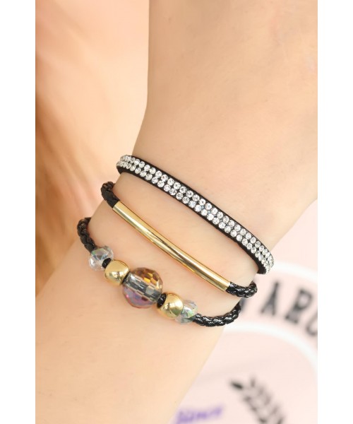Siyah Renk Taşlı Metal Aksesuarlı Deri Çoklu Bayan Bileklik