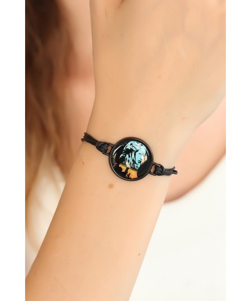 Siyah Ayarlamalı İpli Resimli Bayan Bileklik
