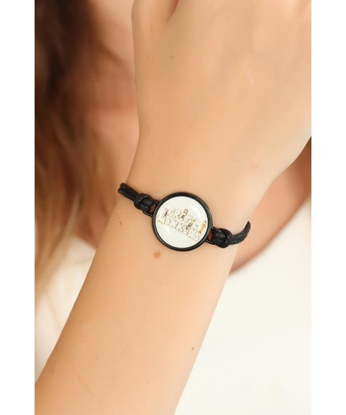 Siyah Ayarlamalı İpli Yazılı Bayan Bileklik
