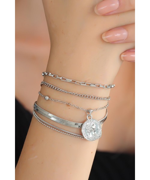 Silver Renk Metal Zincirli Çoklu Madalyonlu Bayan Bileklik