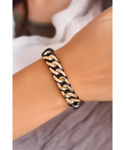 Siyah Deri Tasarım Zincir Aksesuar Detaylı Bayan Bileklik