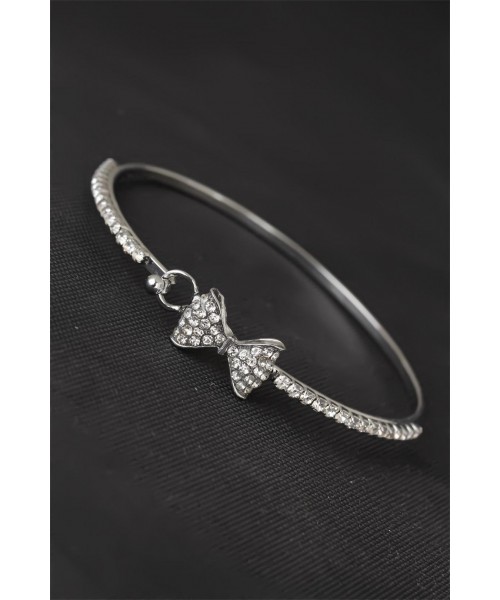 Silver Renk Zirkon Taşlı Fiyonk Figürlü Bayan Metal Kelepçe Bileklik