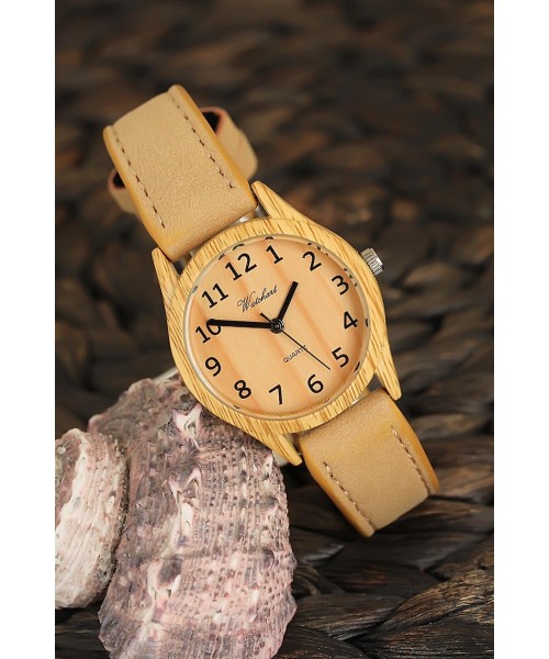 Krem Renk Deri Kordonlu Ahşap Kasa Ve Kordonlu Bayan Kol Saati