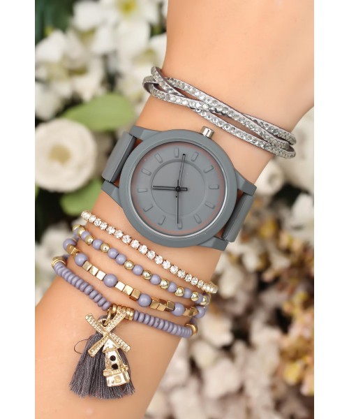 Silikon Kordonlu Bayan Saat Bileklik Kombini