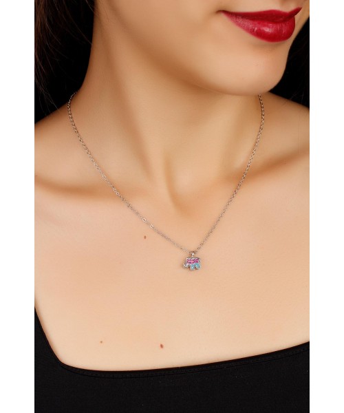 Pembe Ve Mavi Renk Taşlı Fil Figürlü Bayan Kolye