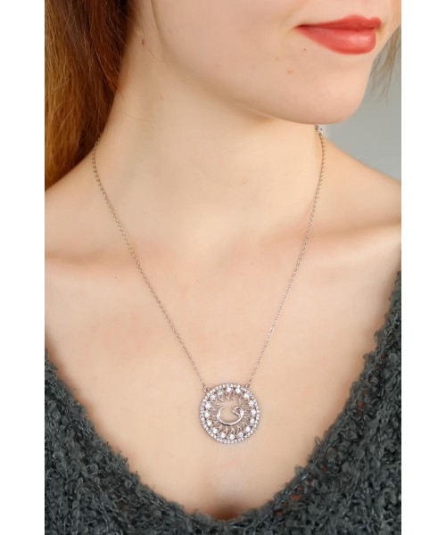 Zirkon Taşlı Silver Renk Var Figürlü Bayan Metal Kolye