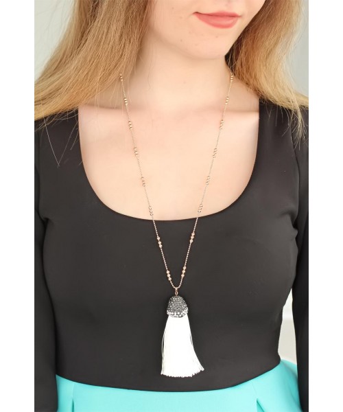 Zirkon Taşlı Püsküllü Bayan Uzun Kolye