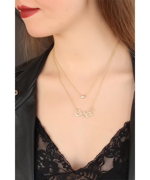 Zirkon Taşlı Gold Renk Dörtlü Ay Yıldız Çift Zincirli Bayan Kolye