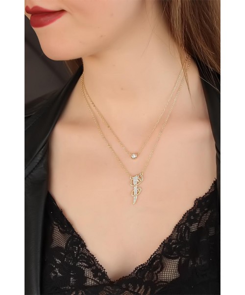 Zirkon Taşlı Gold Renk Elif Vav Çift Zincirli Bayan Kolye