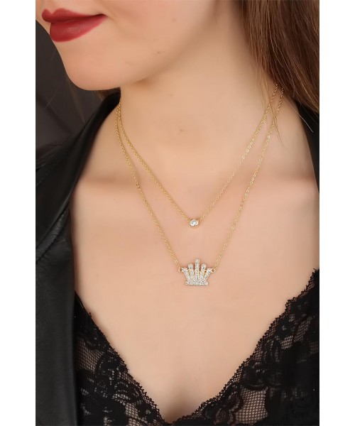 Zirkon Taşlı Gold Renk Kral Tacı Çift Zincirli Bayan Kolye