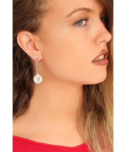 Silver Renk Zincirli Madalyon Tasarım Bayan Sallantı Küpe