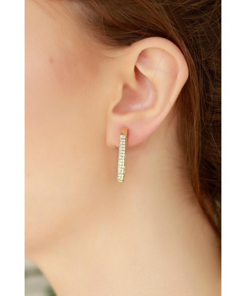 Sarı Renk Kaplama Parlak Taşlı Tasarım Bayan Küpe