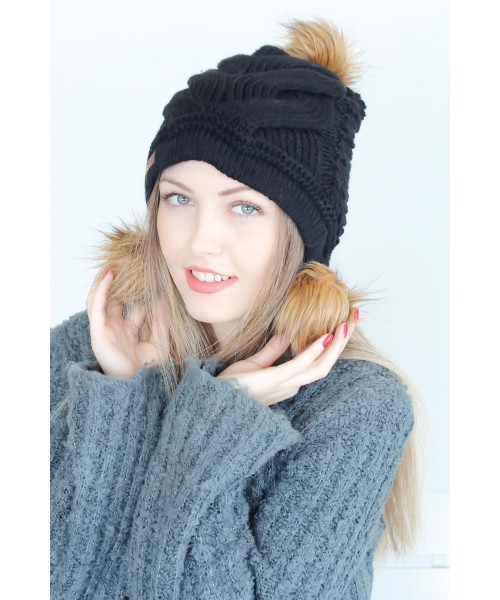 Tüylü Tasarım Camel Renk Ponponlu Siyah Bayan Bere