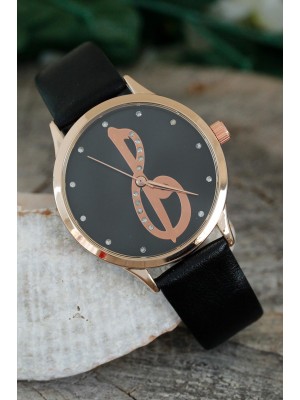 Elif Vav Tasarımlı Siyah Renk Deri Kordonlu Bayan Saat