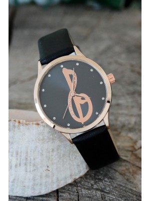 Elif Vav Tasarımlı Siyah Renk Deri Kordonlu Bayan Saat