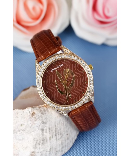 Kahverengi Kendinden Desenli Deri Kordonlu Elif Vav Figürlü Bayan Kol Saati