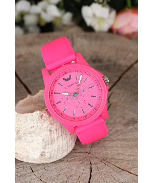 Gri Kadranlı Fuşya Silikon Kordonlu Spor Kasa Bayan Kol Saati