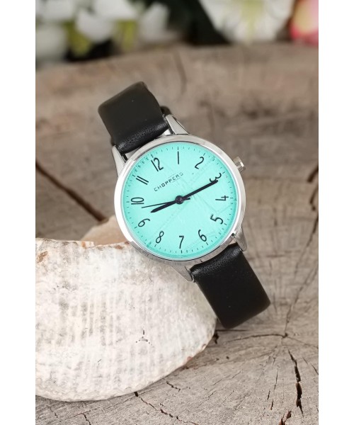 Gümüş Renk Metal Kasa Turkuaz İç Tasarımlı Siyah Renk  Deri Kordonlu Bayan Kol Saati