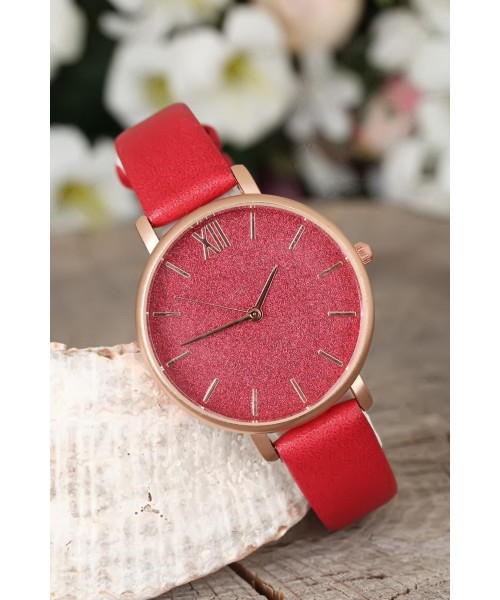 Kırmızı Renk Deri Kordonlu Rose Renk Metal Kasa Bayan Kol Saati