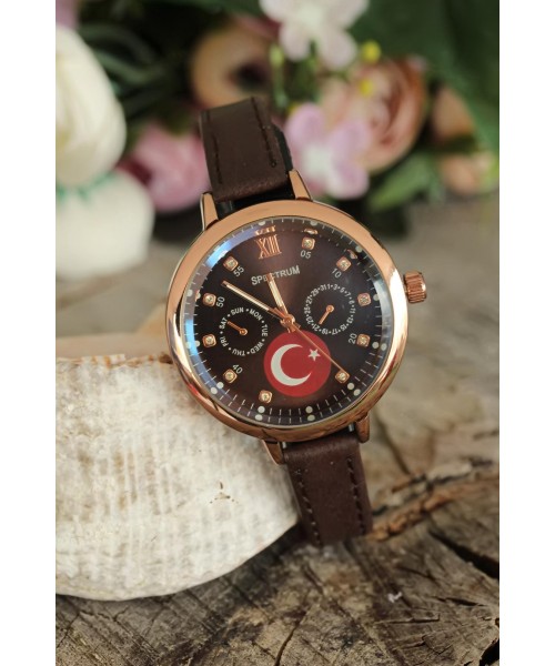 Kahverengi Deri Kordonlu Rose Renk Metal Kasa Türk Bayrak Tasarımlı Bayan Kol Saati
