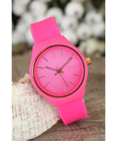 Fuşya Silikon Kordonlu Spor Metal Kasa Tasarımlı Bayan Kol Saati
