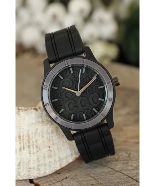 Siyah Renk Silikon Kordonlu Kabartlamalı İç Tasarımlı Spor Kasa Bayan Kol Saati