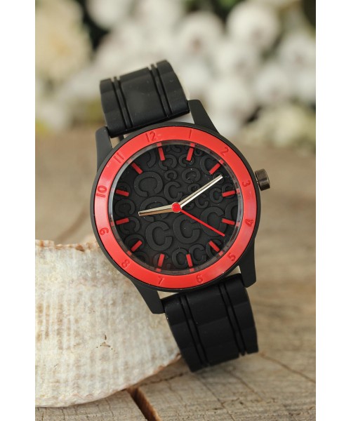 Siyah Renk Silikon Kordonlu Kabartlamalı İç Tasarımlı Kırmızı Spor Kasa Bayan Kol Saati