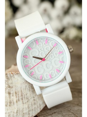 Beyaz Renk Silikon Kordonlu Kabartlamalı İç Tasarımlı Bayan Kol Saati