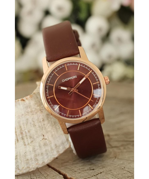 Kahverengi Deri Kordonlu Rose Renk Metal Kasa Bayan Kol Saati