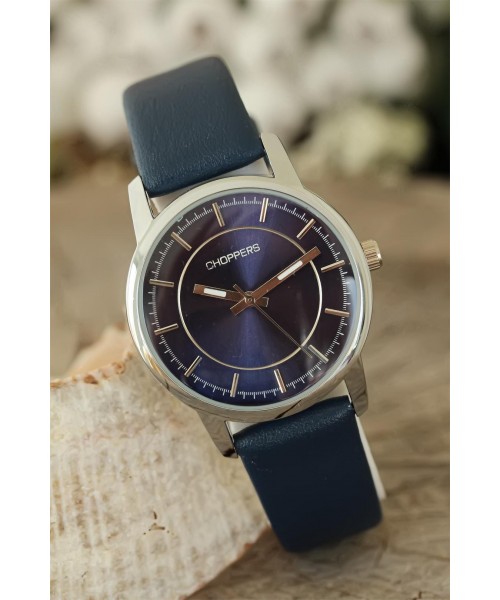 Lacivert Deri Kordonlu Gümüş Renk Metal Kasa Bayan Kol Saati