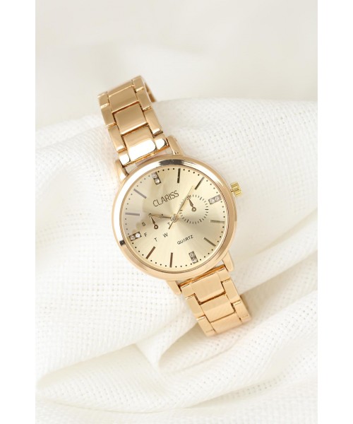 Gold Renk Metal Kordonlu Taşlı Gold İç Tasarımlı Yeni Sezon Clariss Marka Bayan Kol Saati