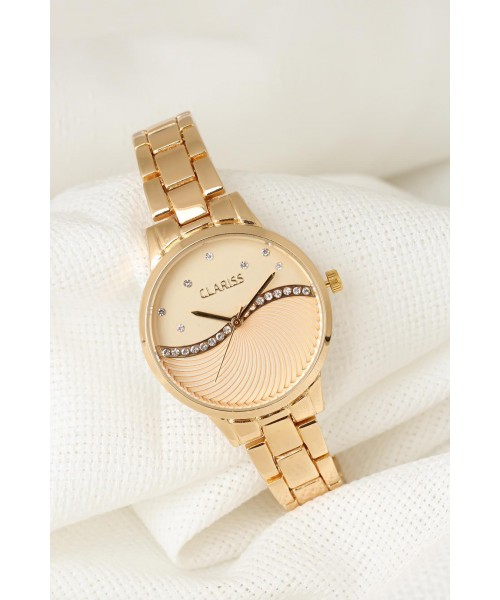 Gold Renk Metal Kordonlu Sarı Renk Zirkon Taşlı İç Tasarımlı Clariss Marka Bayan Kol Saati