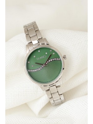Silver Renk Metal Kordonlu Yeşil Renk Zirkon Taşlı İç Tasarımlı Clariss Marka Bayan Kol Saati