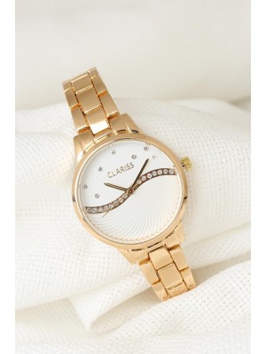 Gold Renk Metal Kordonlu Beyaz Renk Zirkon Taşlı İç Tasarımlı Clariss Marka Bayan Kol Saati