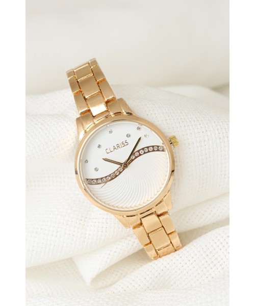 Gold Renk Metal Kordonlu Beyaz Renk Zirkon Taşlı İç Tasarımlı Clariss Marka Bayan Kol Saati