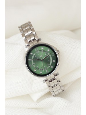 Silver Renk Metal Kordonlu Yeşil Renk Taşlı İç Tasarımlı Clariss Marka Bayan Kol Saati