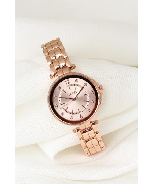 Rose Renk Metal Kordonlu Zirkon Taşlı İç Tasarımlı Clariss Marka Bayan Kol Saati