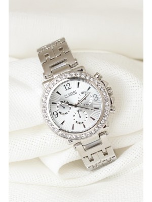 Silver Renk Metal Kordonlu Zirkon Taşlı Metal Kasa Clariss Marka Bayan Kol Saati