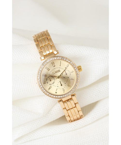 Gold Renk Metal Kordonlu Zirkon Taşlı Kasa Clariss Marka Bayan Kol Saati