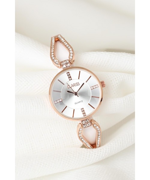 Rose Metal Taşlı Kordonlu Yeni Sezon Beyaz Renk İç Tasarımlı Bayan Clariss Marka Kol Saati