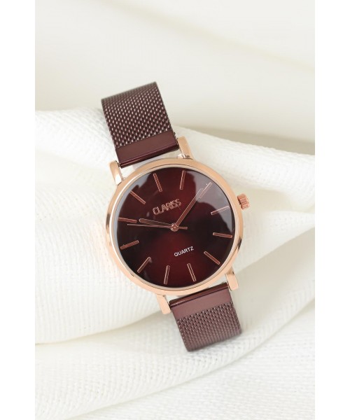 Bordo Renk Hasır Metal Kordonlu Rose Renk Metal Kasa Bayan Clariss Marka Kol Saati