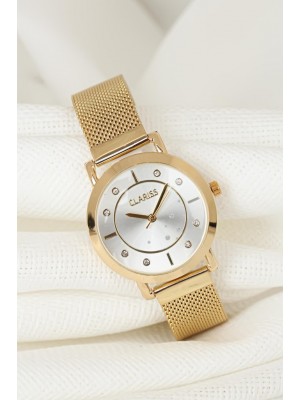 Gold Renk Kaplama Hasır Metal Kordonlu Beyaz İç Tasarımlı Metal Kasa Clariss Marka Bayan Saat