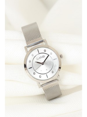 Silver Renk Kaplama Hasır Metal Kordonlu Beyaz İç Tasarımlı Metal Kasa Clariss Marka Bayan Saat