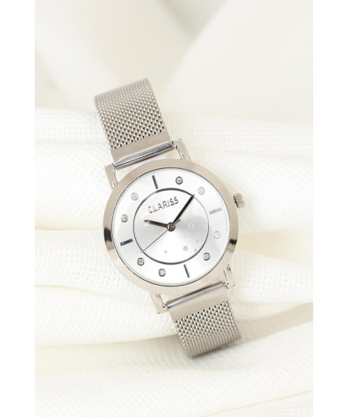 Silver Renk Kaplama Hasır Metal Kordonlu Beyaz İç Tasarımlı Metal Kasa Clariss Marka Bayan Saat