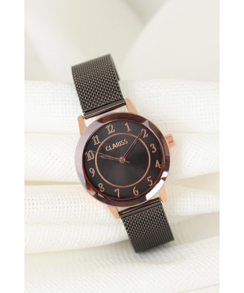 Füme Renk Kaplama Hasır Metal Kordonlu Kahverengi Metal Kasa Clariss Marka Bayan Saat