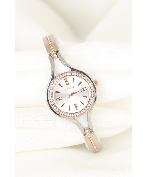 Silver Renk Kaplama Metal Kordonlu Taşlı Kasa Clariss Marka Bayan Saat