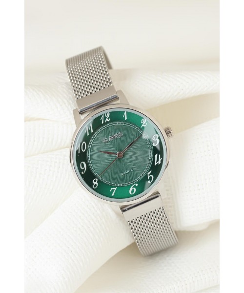 Silver Renk Kaplama Hasır Metal Kordonlu Yeşil Renk İç Tasarımlı Clariss Marka Bayan Kol Saati
